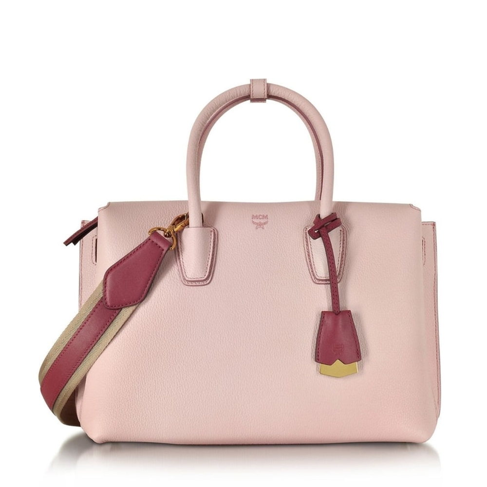 MCM Milla Medium Leather Pale Mauve Tote Bag Pink Satchel Shoulder Red Strap